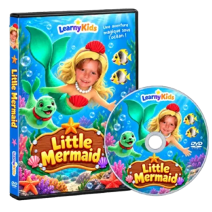 LearnyKids Little Mermaid personalised animated film on DVD, featuring a child's face as a mermaid in a colourful underwater adventure, with personalised DVD cover and disc.