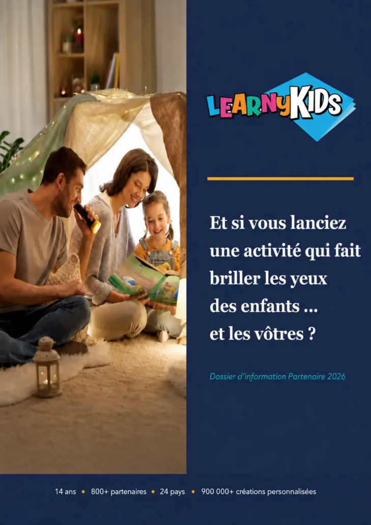 Dossier partenaire LearnyKids Dossier d’information LearnyKids en format portrait pour découvrir une activité personnalisée autour de l’enfance, de la créativité et de l’apprentissage en s’amusant.