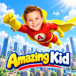 Learnykids animated film super hero boy flying with cape