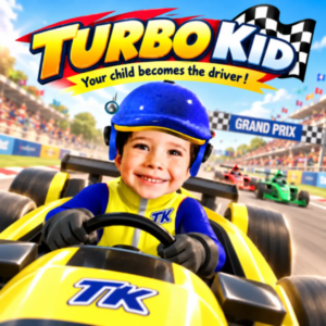 Turbo Kid boy driving car for his personalised animated movie with his name and picture