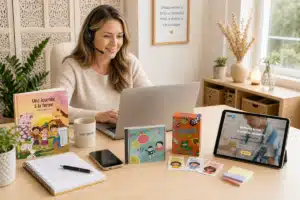 Femme en formation en ligne avec les produits LearnyKids sur son bureau, livres personnalisés, cartes émotions et espace Academy