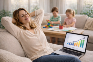 Entrepreneure détendue pendant que son activité digitale génère des revenus automatiquement