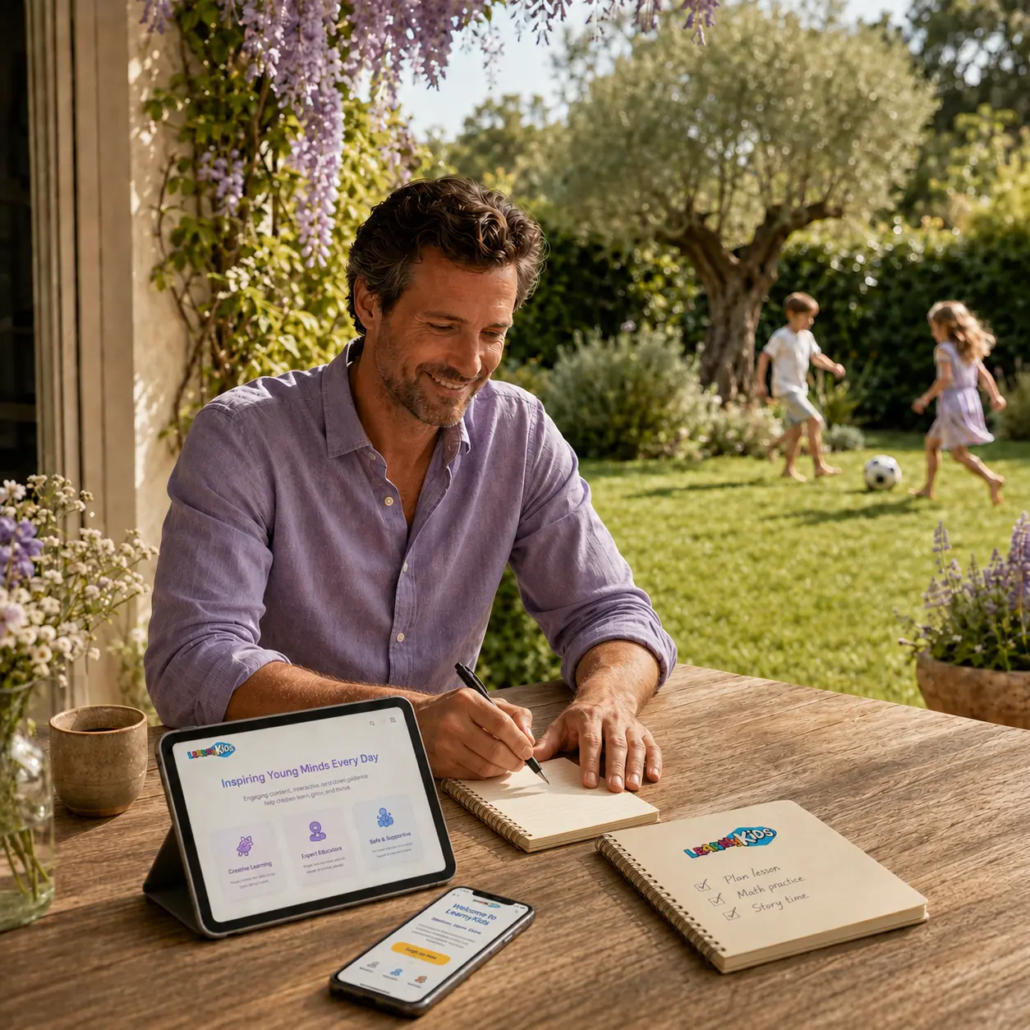 Entrepreneur travaillant depuis son jardin sur une activité flexible de créations personnalisées pour enfants