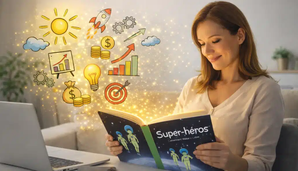 Femme lisant un livre personnalisé LearnyKids avec des symboles de créativité, croissance et entrepreneuriat représentant une activité flexible dans l’univers de l’enfance