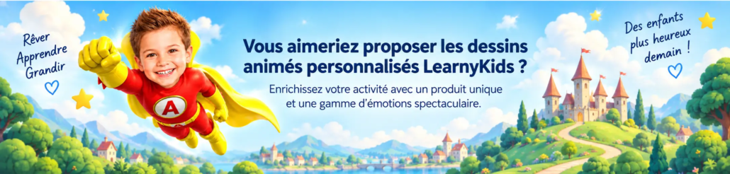 Bannière de présentation des dessins animés personnalisés LearnyKids avec personnage Super Kid