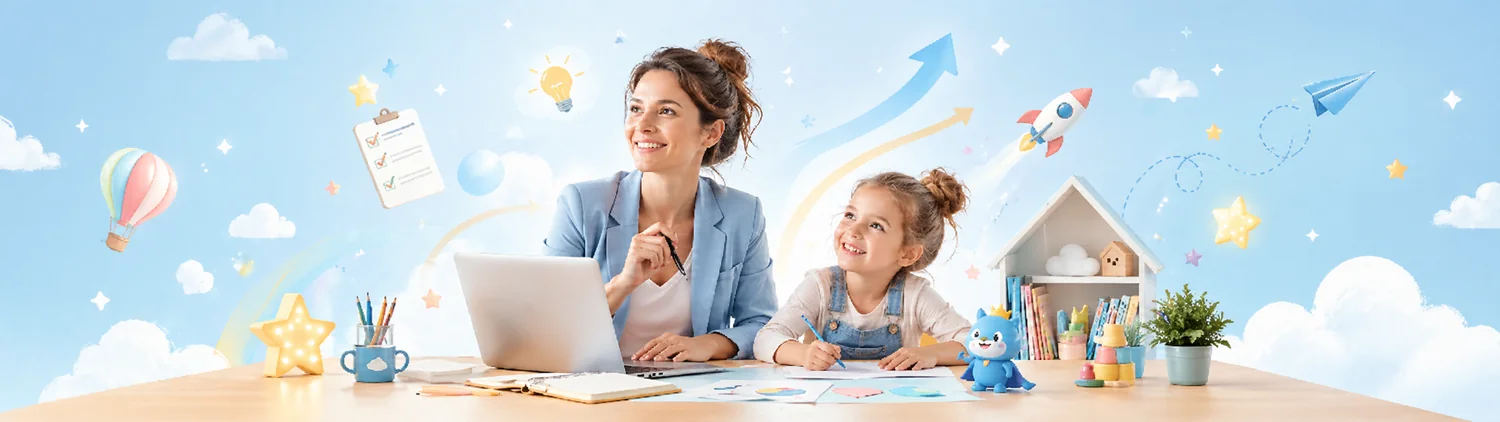 Entrepreneure avec enfant dans un univers créatif LearnyKids pour illustrer le financement d’un projet de création d’entreprise