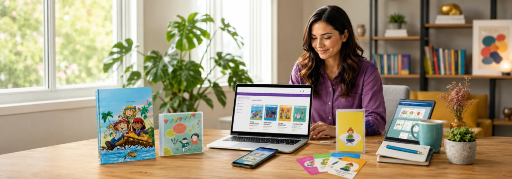 Entrepreneuse présentant les solutions LearnyKids avec produits personnalisés, outils digitaux et ressources éducatives