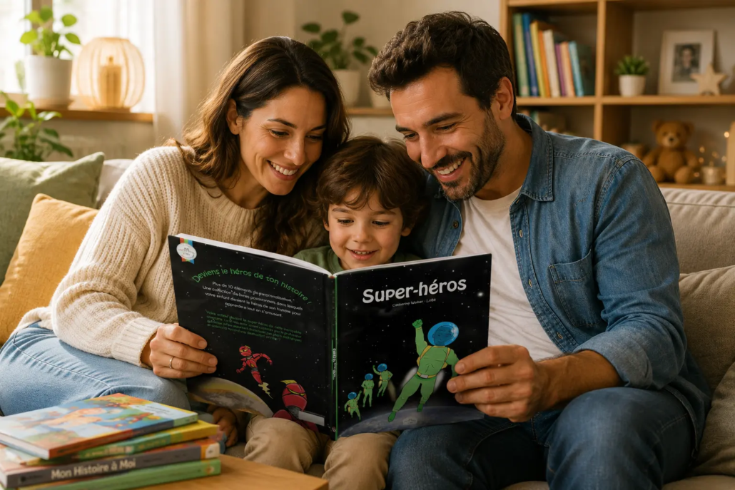 Parents lisant un livre personnalisé Super-héros LearnyKids avec leur enfant