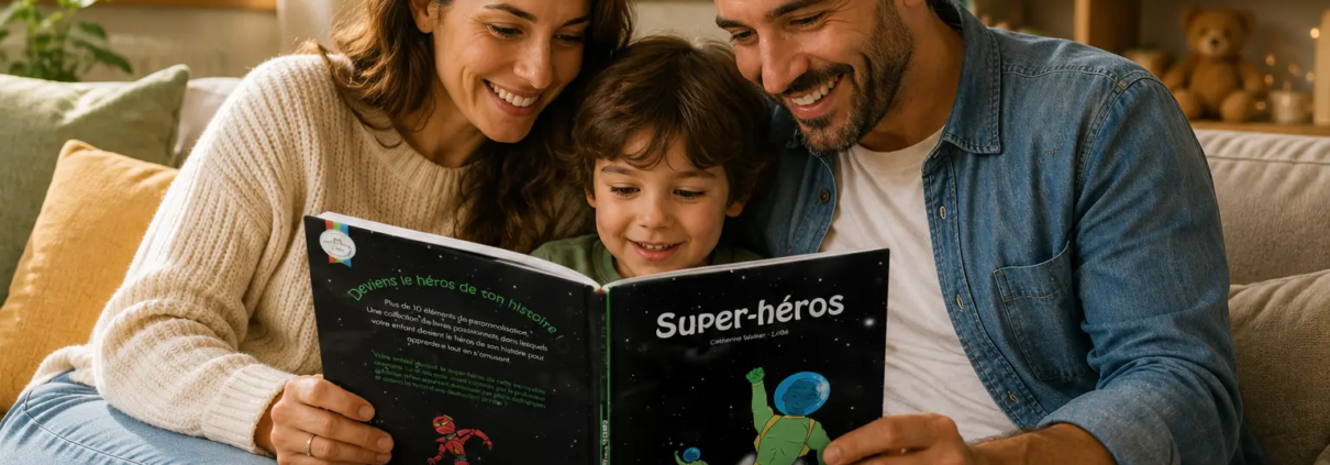 Parents lisant un livre personnalisé Super-héros LearnyKids avec leur enfant