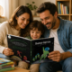 Parents lisant un livre personnalisé Super-héros LearnyKids avec leur enfant