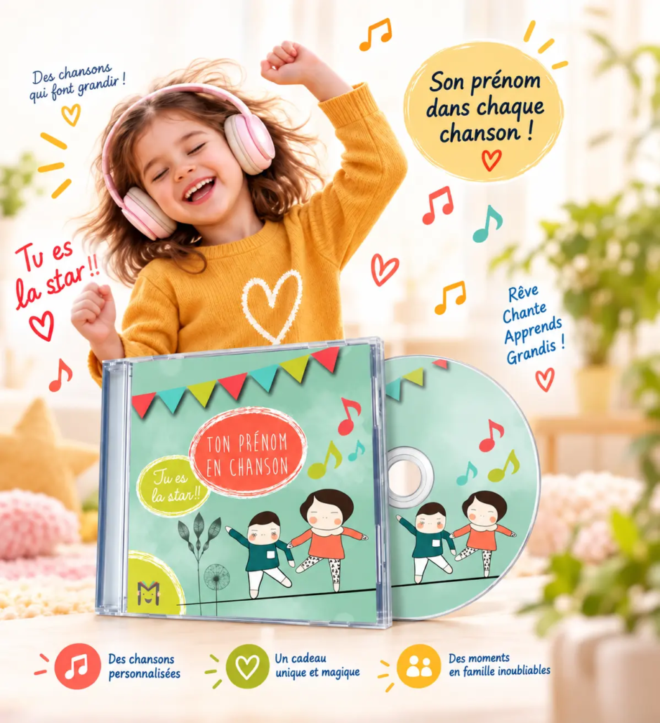 Enfant écoutant des chansons personnalisées LearnyKids avec CD personnalisé