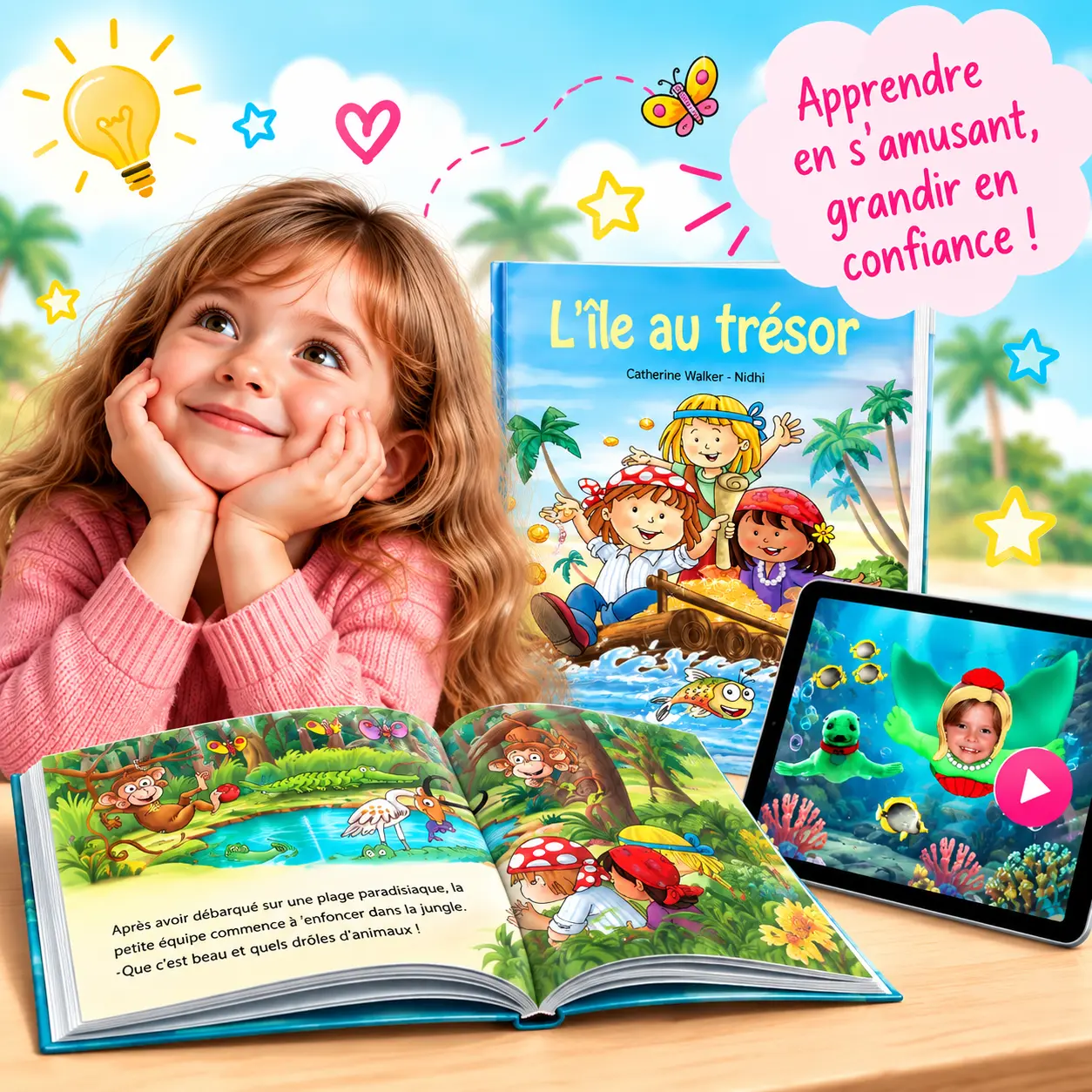 Enfant découvrant l’univers LearnyKids avec livre personnalisé, activité éducative et dessin animé
