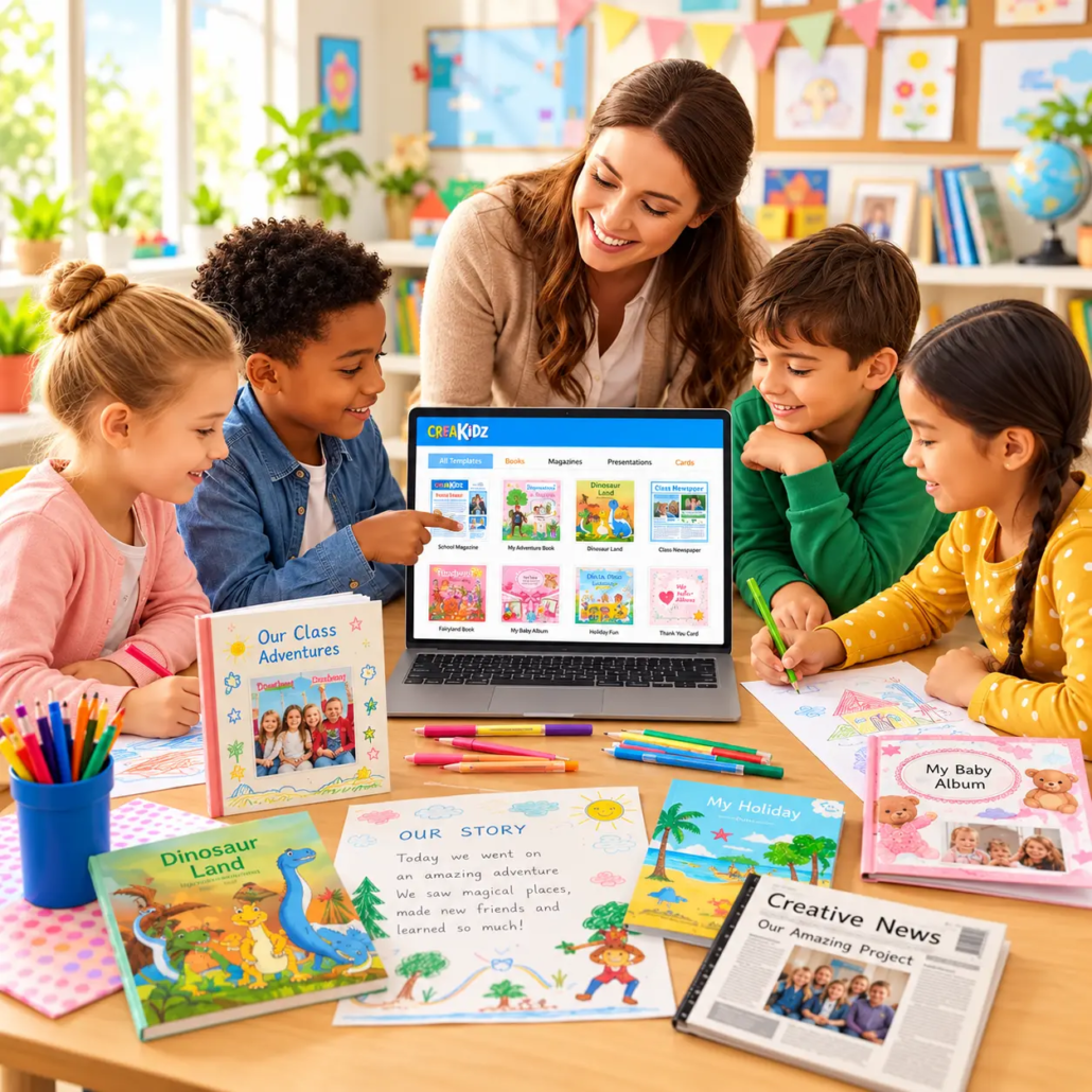 Enfants découvrant CreaKidz et créant des livres et supports personnalisés en classe