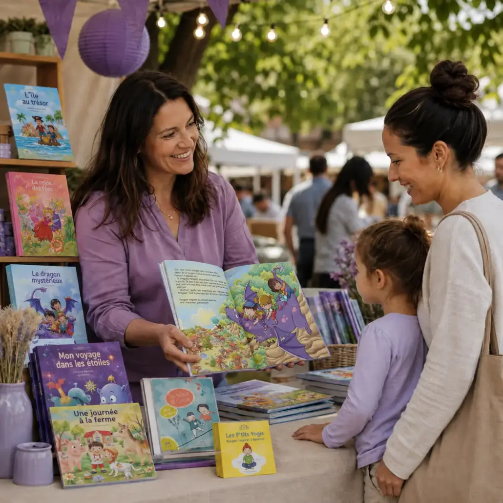 creations-personnalisees-enfants-familles-learnykids Partenaire LearnyKids présentant un livre personnalisé à une mère et son enfant sur un marché