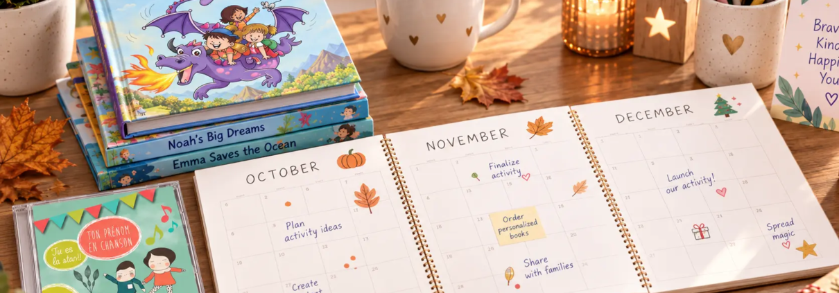 Calendrier d’octobre à décembre avec livre personnalisé LearnyKids et CD Ma Musique à Moi dans une ambiance chaleureuse d’automne et de préparation de Noël