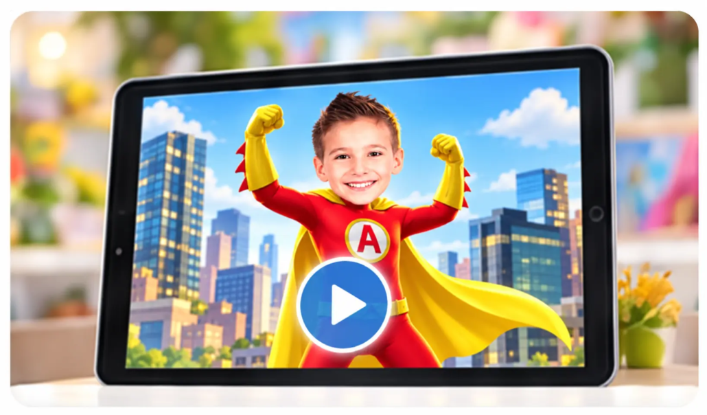 Dessin animé personnalisé LearnyKids avec enfant super-héros sur tablette