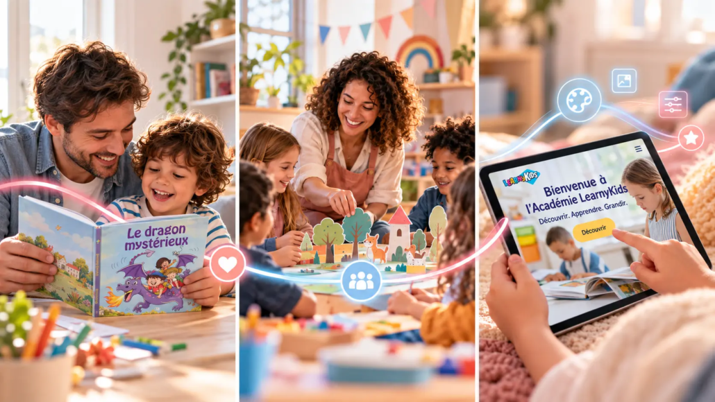 Trois scènes LearnyKids : un père lit Le dragon mystérieux avec son fils, une animatrice accompagne un atelier créatif et une tablette affiche l’Académie LearnyKids.