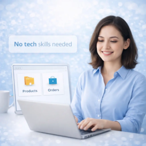 easy-to-use-ecommerce-dashboard-beginner Beginner using laptop to manage ecommerce website with simple and user-friendly system