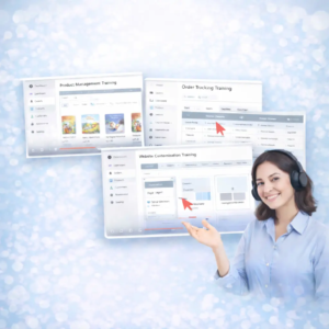 ecommerce-training-dashboard-support Ecommerce training interface with dashboard modules for managing products, orders and website