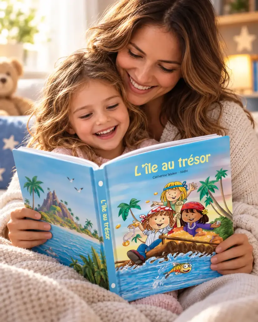 Enfant découvrant avec émotion un livre personnalisé LearnyKids.