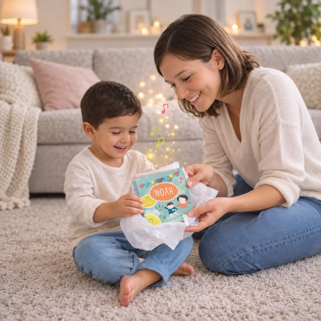 Enfant découvrant un CD de chansons personnalisées avec son prénom