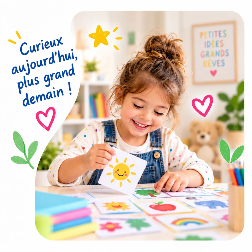 enfant-jeux-educatifs-curiosite-learnykids Enfant jouant avec des cartes éducatives LearnyKids pour développer sa curiosité et apprendre en s’amusant
