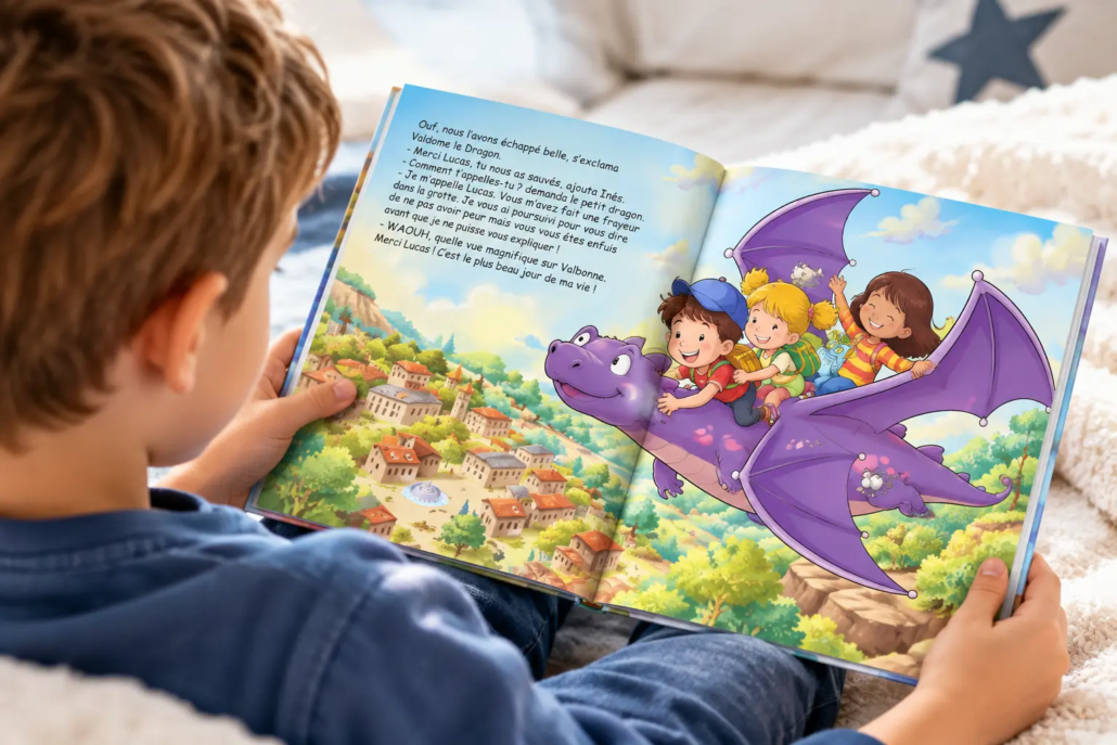 Garçon lisant un livre personnalisé LearnyKids avec une aventure de dragon