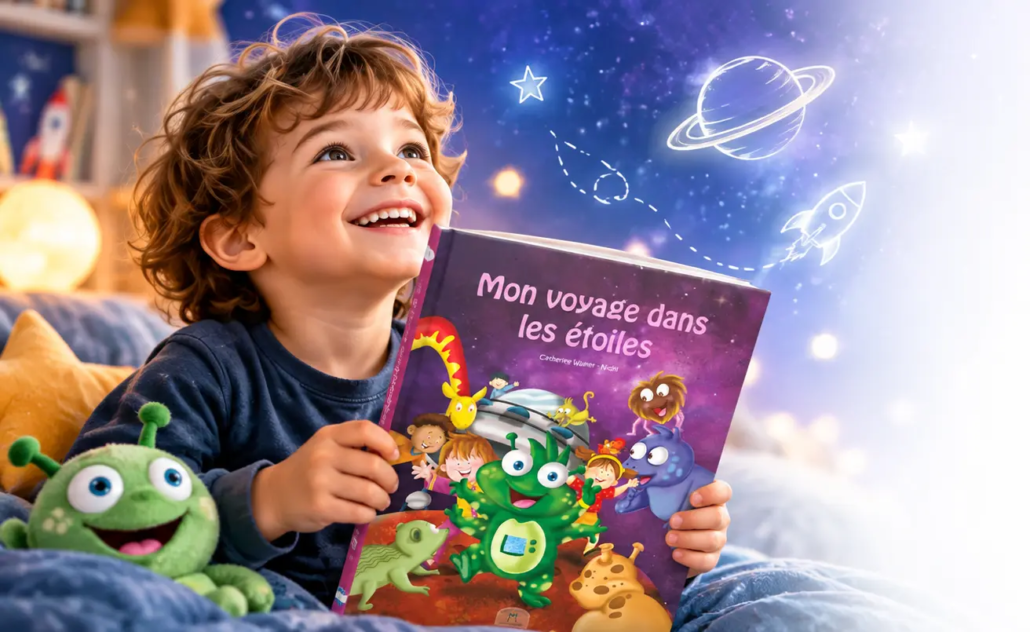 Enfant découvrant le livre personnalisé Mon voyage dans les étoiles de LearnyKids