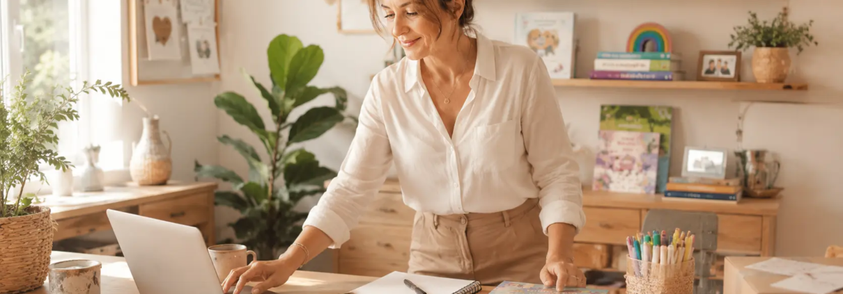Entrepreneuse développant son activité LearnyKids depuis son espace de travail