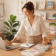 Entrepreneuse développant son activité LearnyKids depuis son espace de travail