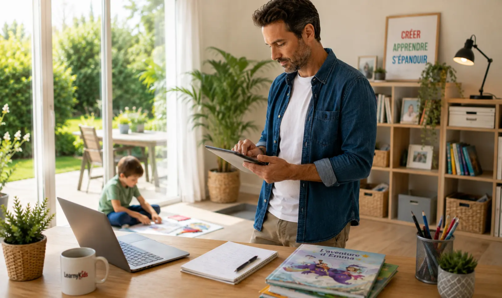 Entrepreneur travaillant depuis chez lui avec la licence de marque LearnyKids
