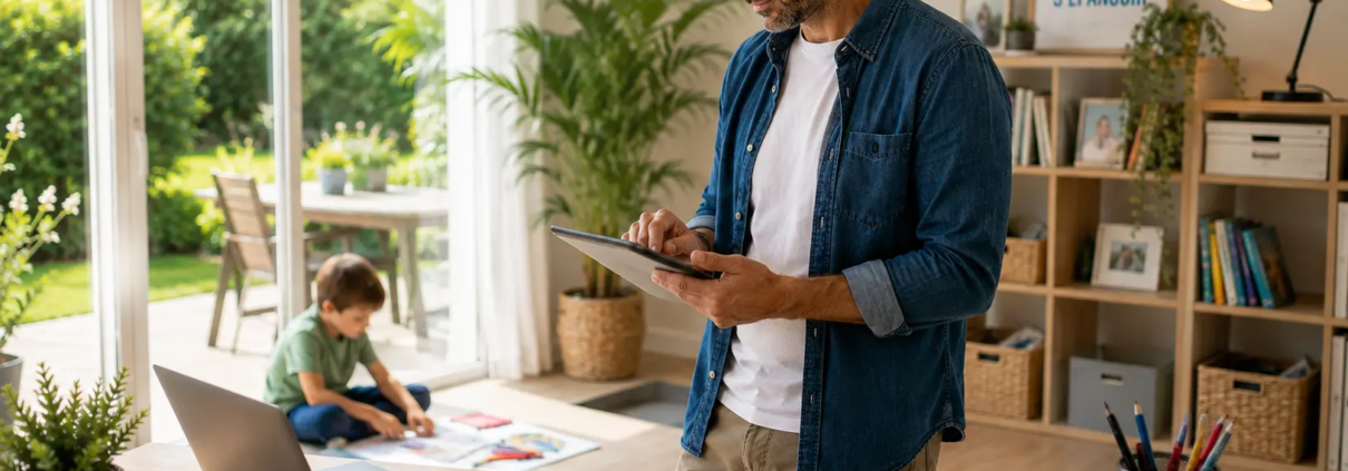 Entrepreneur travaillant depuis chez lui avec la licence de marque LearnyKids