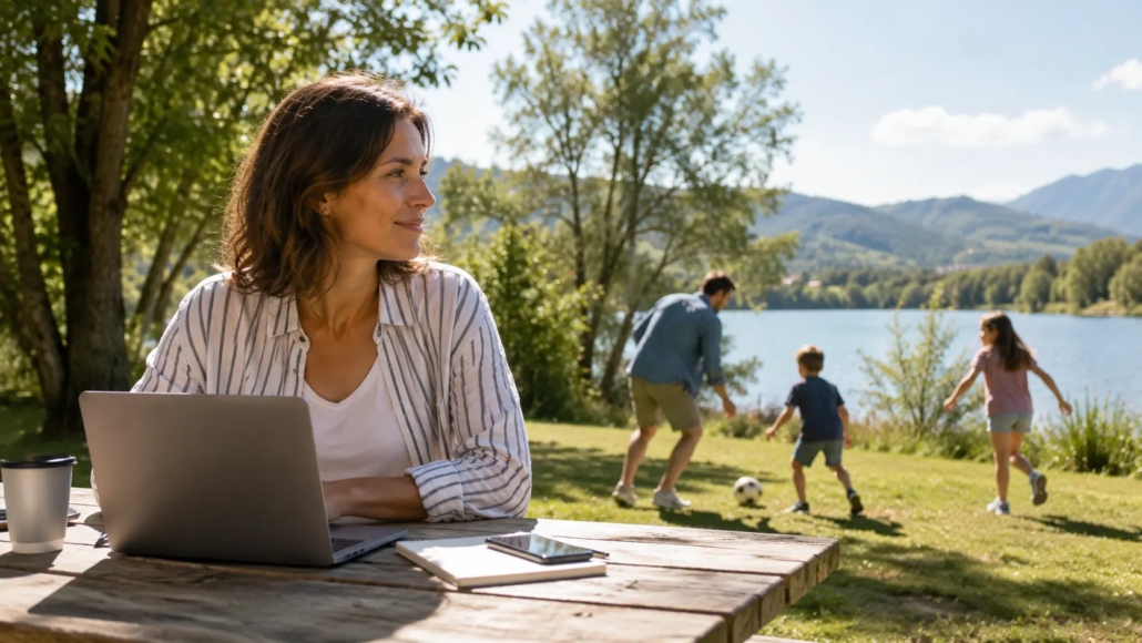 Entrepreneuse travaillant en extérieur et conciliant vie professionnelle et vie familiale