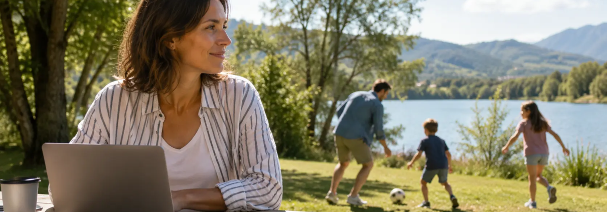 Entrepreneuse travaillant en extérieur et conciliant vie professionnelle et vie familiale