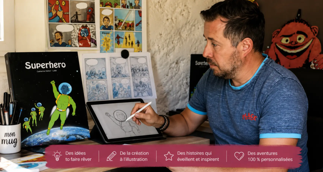 illustrateur-bd-personnalisee-enfant-lobe-learnykids LoBé, illustrateur de la BD personnalisée pour enfant Super Héros de LearnyKids