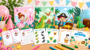 kits-anniversaire-enfants-fee-dinosaure-pirate-learnykids Kits anniversaire LearnyKids pour enfants sur les thèmes fées, dinosaures et trésor pirate avec invitations, jeux, décorations et diplôme