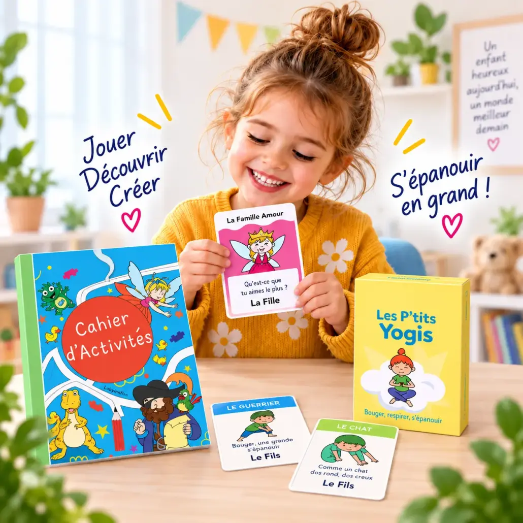 kits-jeux-educatifs-learnykids-enfant Enfant découvrant des jeux et kits éducatifs LearnyKids avec cartes, cahier d’activités et jeu Les P’tits Yogis