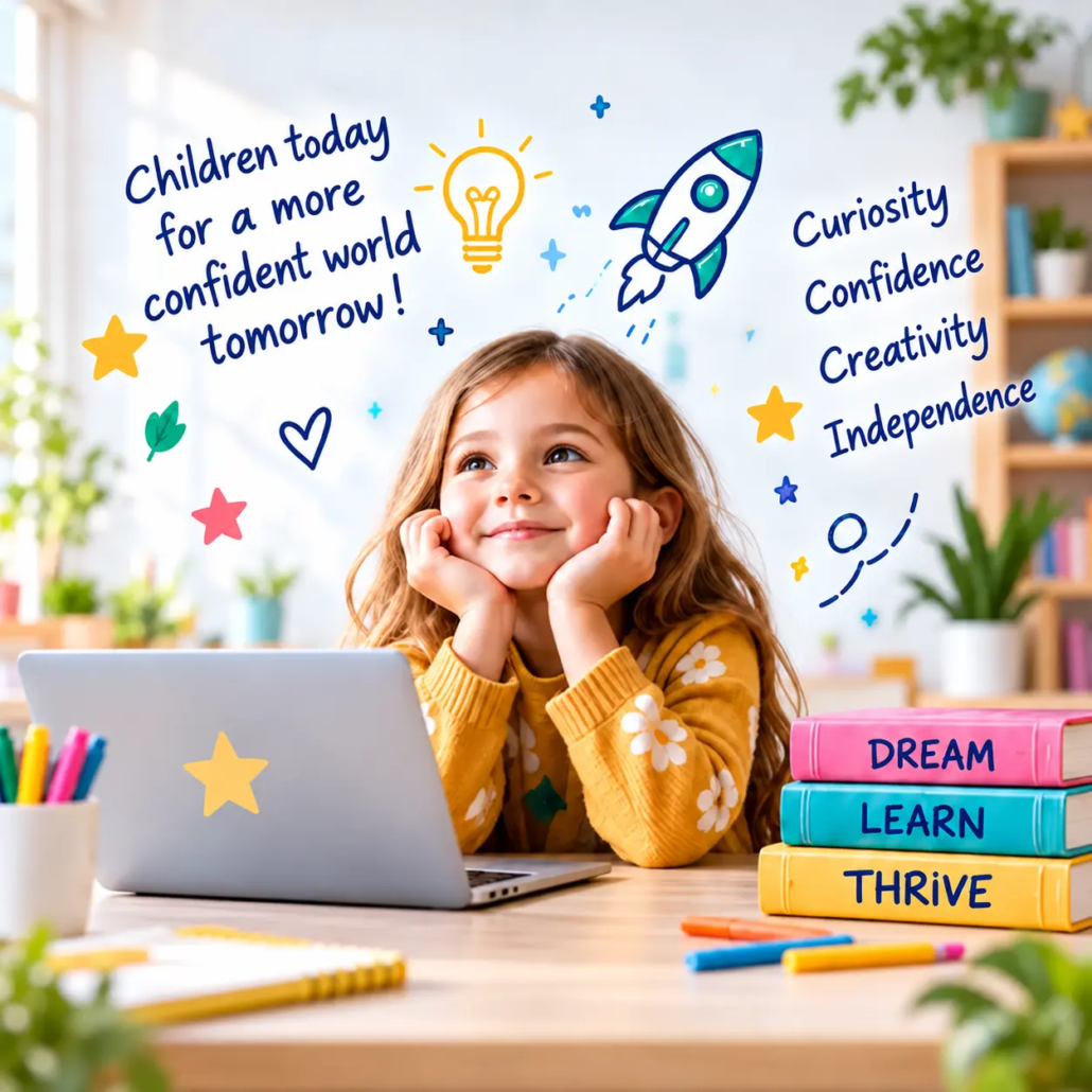 appy young girl learning online with LearnyKids Academy, developing curiosity, confidence, creativity and independence through fun educational programmes.
