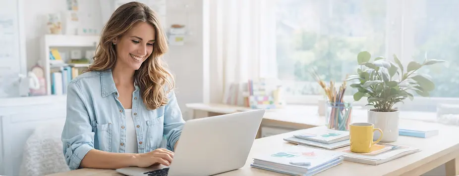 learnykids-activite-domicile-concept Femme travaillant sur ordinateur à domicile pour développer une activité créative avec le concept LearnyKids.