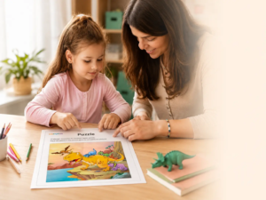 Enfant réalisant une activité éducative LearnyKids avec un puzzle dinosaure accompagné d’un adulte