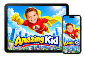 LearnyKids Amazing Kid personalised animated superhero film featuring a young boy flying over a city, displayed on a tablet and smartphone.