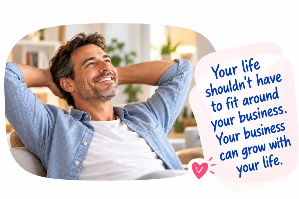 Man relaxing at home with the message that a flexible LearnyKids business can grow around your life.