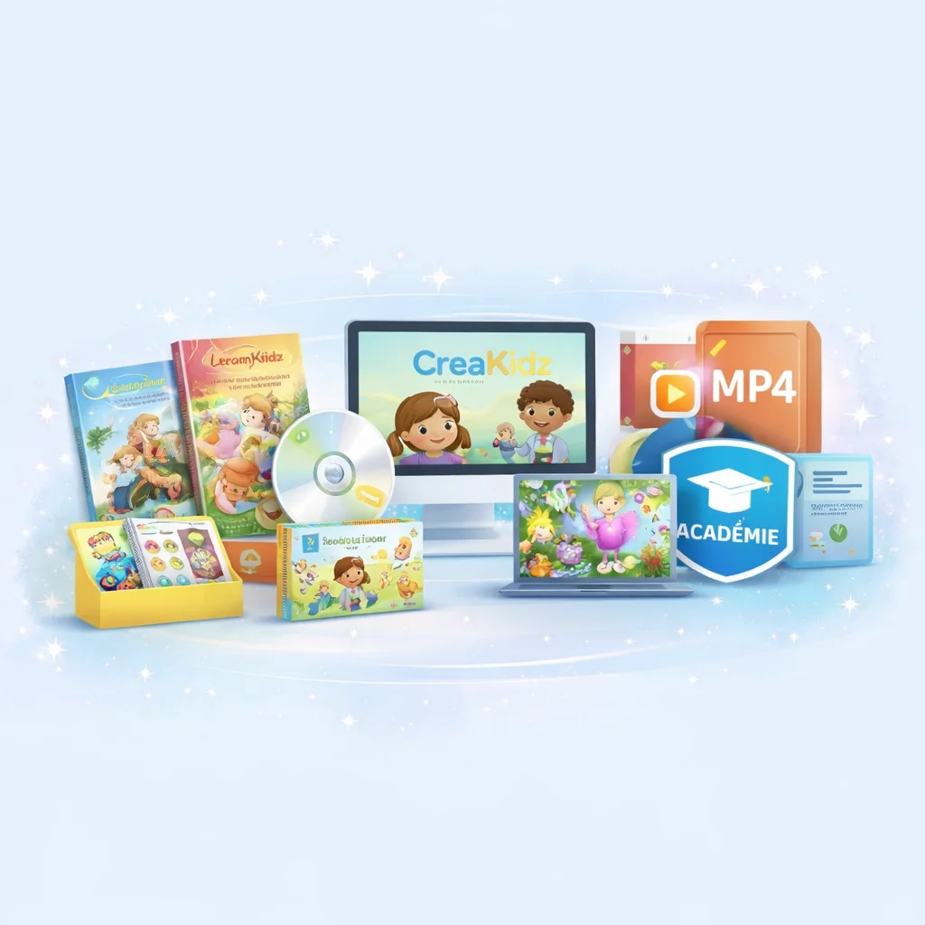 learnykids-catalogue-structure Catalogue structuré LearnyKids avec livres personnalisés, chansons, dessins animés, kits créatifs et plateforme digitale