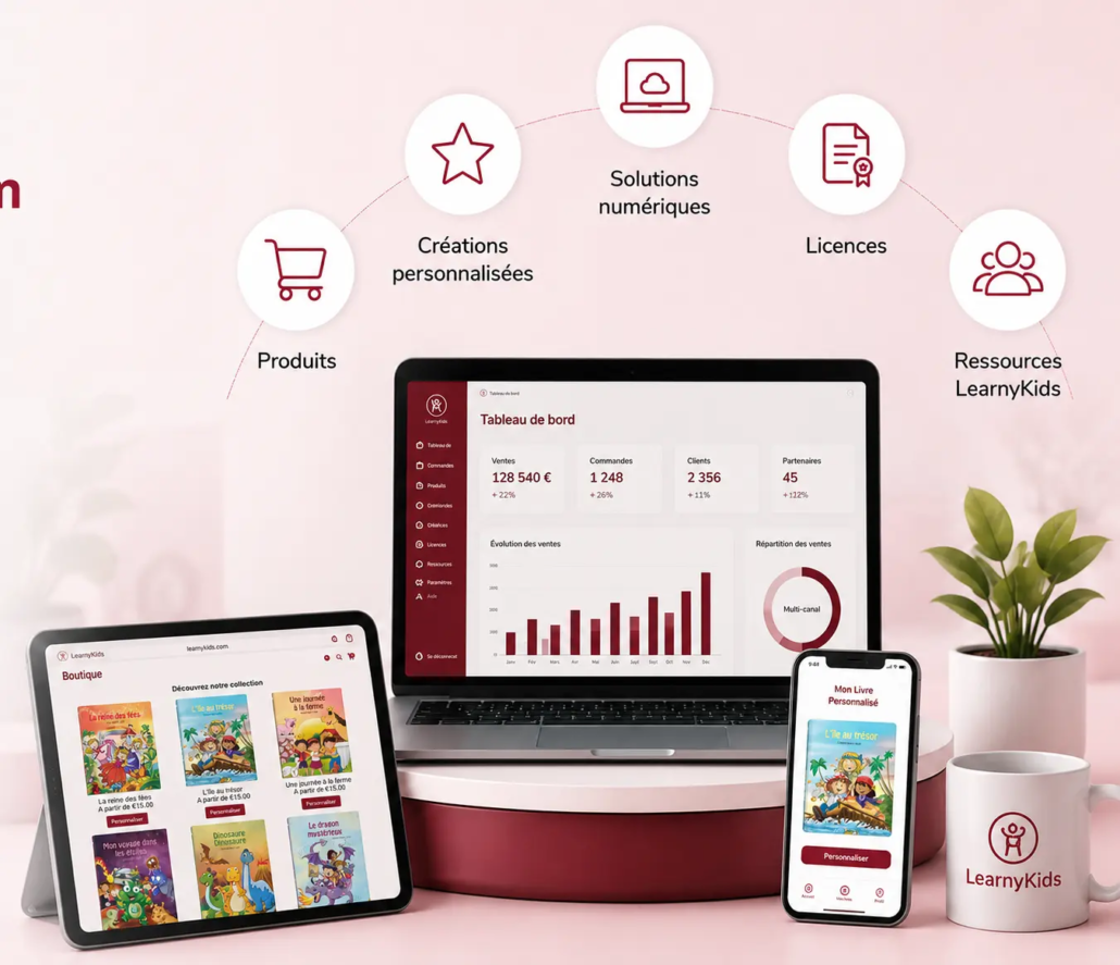 learnykids-ecosysteme-numerique-pack-master Écosystème numérique LearnyKids avec boutique en ligne, tableau de bord et produits personnalisés