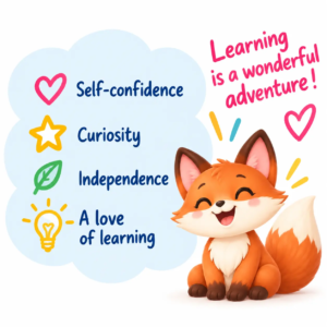 learnykids-educational-activity-kits-confidence-curiosity-learning Colourful LearnyKids illustration featuring a happy fox and four benefits of learning through play: self-confidence, curiosity, independence and a love of learning.