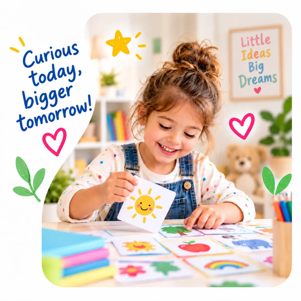 learnykids-educational-activity-kits-learning-through-play Happy young girl exploring colourful educational activity cards from LearnyKids, developing curiosity, creativity and confidence through play.