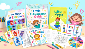 learnykids-educational-activity-skits-emotions-yoga-printable LearnyKids educational activity kits for children featuring The Magic of Emotions, Little Entrepreneur Guide, Little Yogis, printable worksheets and creative learning games.