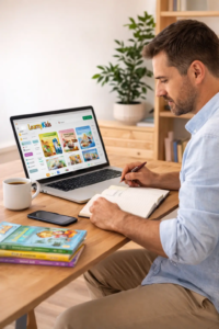entrepreneur développant une activité indépendante à domicile avec livres personnalisés pour enfants LearnyKids