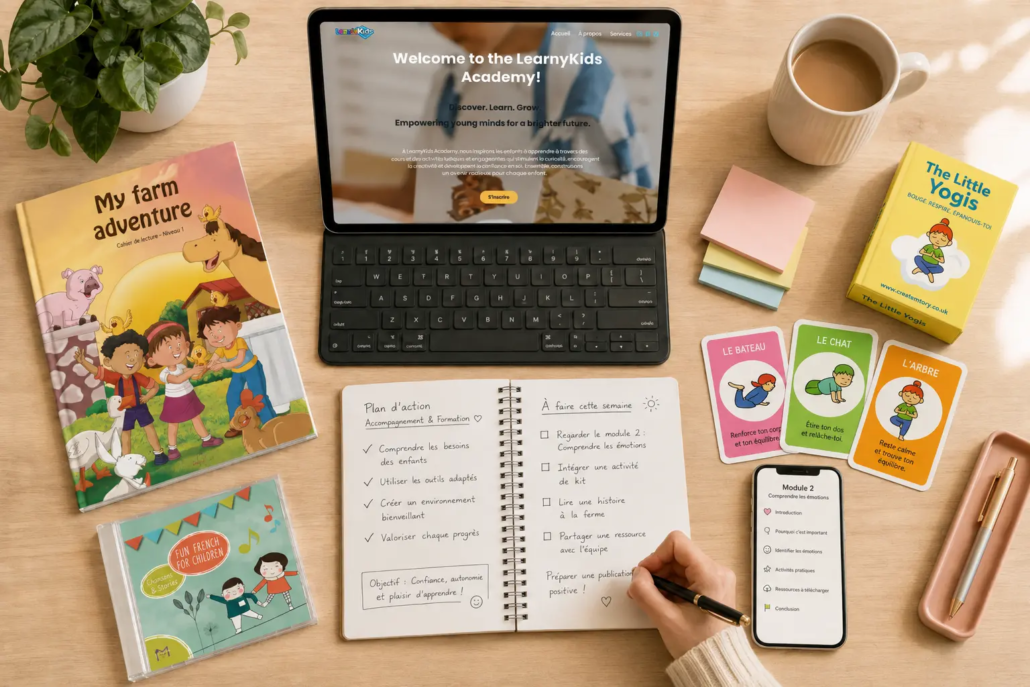 learnykids-essential-pack-workspace-uk LearnyKids Essential Pack workspace with English children’s book, online training tablet, educational cards and personalised learning resources