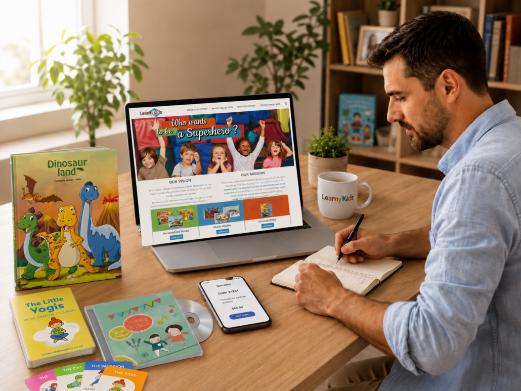learnykids-excellence-pack-workspace-uk Man working at a desk with LearnyKids website on laptop, English Dinosaur Land book, The Little Yogis cards and children’s learning resources
